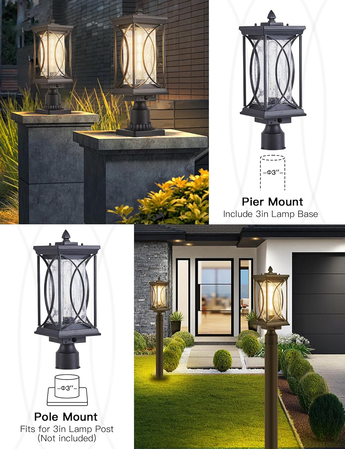 Motion Outdoor Post Lantern Dusk to Dawn Pillar Lamp with 3 Inch Pier Mount Adapter, Black Pole Light Aluminum with Crackle Glass Motion Outdoor Post Lights for Patio, Yard, Garden, Pathway-VerdiqueGarden