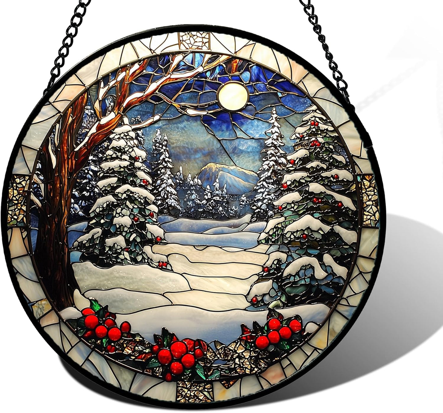 Stained Glass Window Hanging Christmas Tree Winter Snow Night Scenery 7.8" - Suncatcher Door Garden Kitchen Sun Catcher Home Decor Birthday for Mom Men Woman Friend-VerdiqueGarden