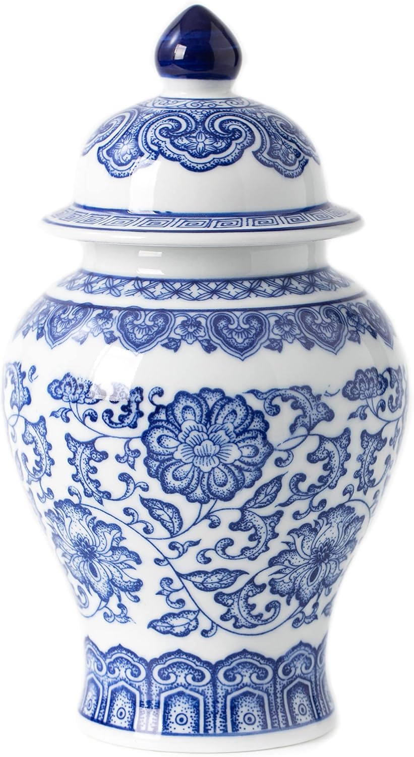 Blue and White Ginger Jar, Ceramic Chinoiserie Decorative Jars for Home, Office, Flower Vase Pocelain, Glossy Vase for Table, Living Room, Bookshelf, Mantle Fireplace, Centerpieces, 9.8"H-VerdiqueGarden