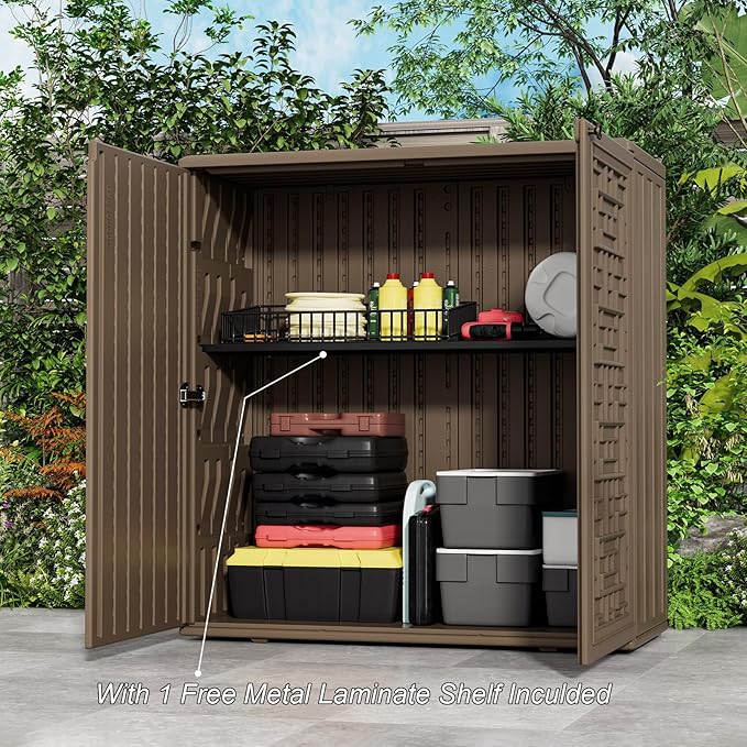 HOMSPARK Indoor/Outdoor Storage Cabinet with Doors and Shelf, 34”x16”x36” HDPE Plastic Storage Box for Bedroom, Bathroom, Living Room, Balcony, Multi-Purpose for Toys, Kitchen Tools, Coffee-VerdiqueGarden