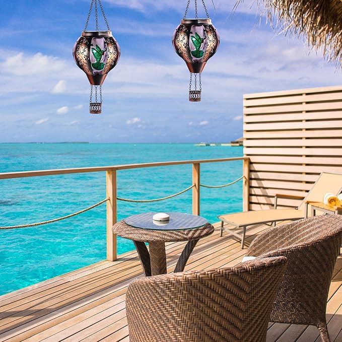 Hot Air Balloon Solar Lantern Outdoor - Flame Hanging Solar Light Waterproof Lanterns for Patio Garden Yard Farmhouse Decor, Great Gift(Hummingbird 2)-VerdiqueGarden