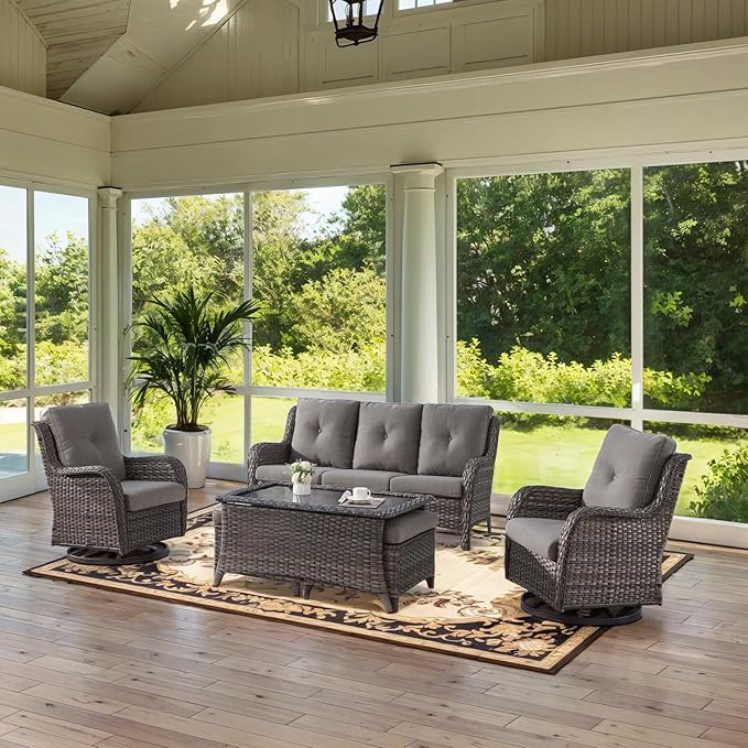 Wicker Outdoor Furniture Patio Furniture Set - 6 Piece Patio Conversation Set with Swivel Rocker Chairs, Rattan Sofa, Ottomans and Coffee Table, Gray Cushion-VerdiqueGarden