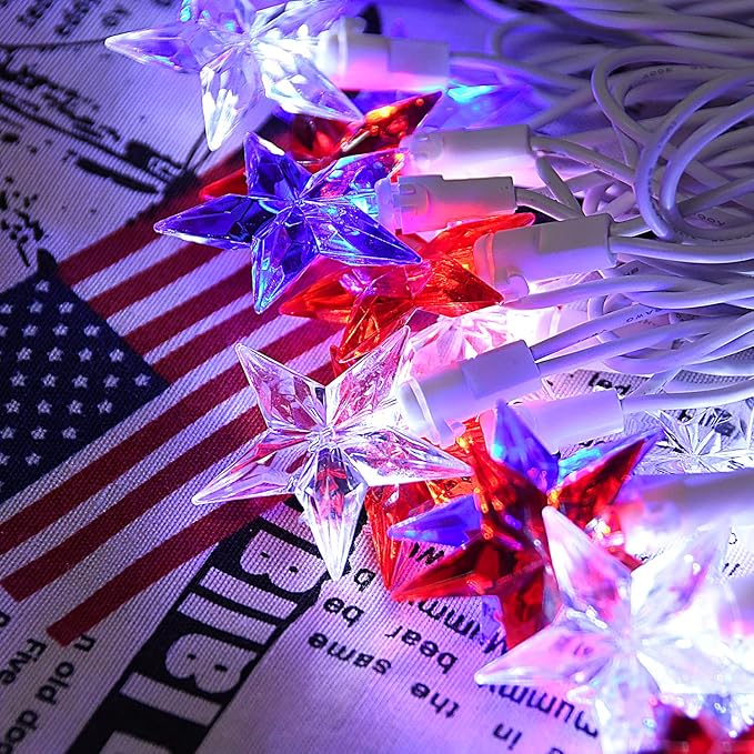 100 LED Red White and Blue Star Lights, 37FT 4th of July Star String Lights Plug in for Home Patio Garden Yard Memorial Day Independence Day Patriotic Decorations Outdoor, White Wire-VerdiqueGarden