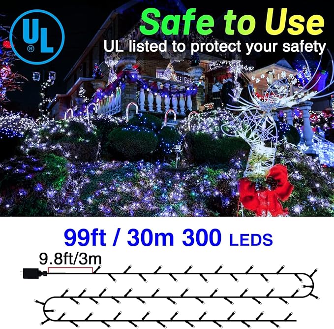 KNONEW Outdoor Christmas Lights 99ft 300 LED String Lights 8 Modes & Timer Fairy Light Plug in Waterproof LED String Lights for Xmas Yard Tree Wedding Party Holiday Decorations (Blue)-VerdiqueGarden