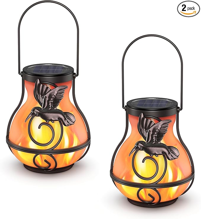 Solar Lights Outdoor Decorative, Hummingbird Flickering Flame Lantern Waterproof, Garden Decor Hanging Lights for Outside Patio Pathway Yard, Christmas Birthday Gifts, 2 Pack-VerdiqueGarden