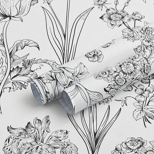 Dimoon 393"x17.3" Floral Peel and Stick Wallpaper White Contact Paper Waterproof Black Lines Wallpaper Vintage Flower Thicken Plant Self Adhesive Removable Wall Covering Shelf Liner Decal Vinyl Roll-VerdiqueGarden