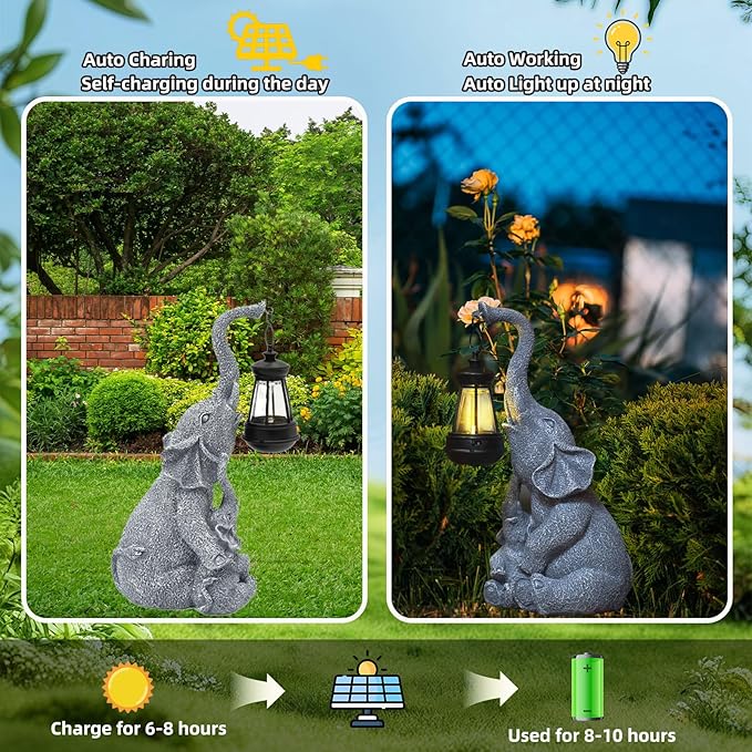 Solar Garden Elephant Statue Outdoor Decor, Cute Elephant Figurines Waterproof Garden Decor with Solar Lantern, Small Elephant Decor for Garden Yard Art Lawn Porch, Garden Gifts for Women (Elephant)-VerdiqueGarden
