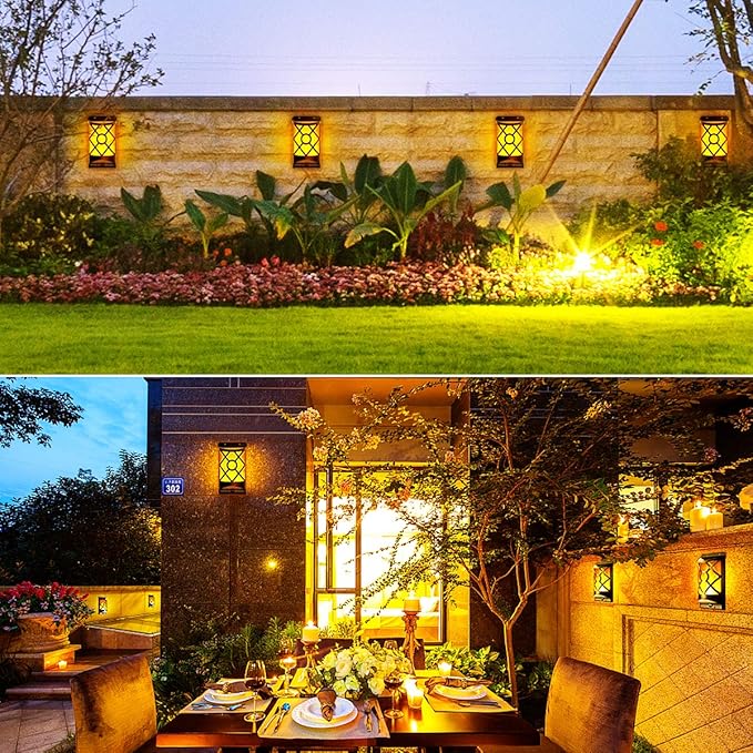 Solar Flame Lights Outdoor, Realistic 3D Flickering Flames with 66 Ultra-Bright LEDs - Waterproof Wall Mount Lanterns for Deck, Fence, Patio, Garden, Auto On/Off (4-Pack Value Set)-VerdiqueGarden