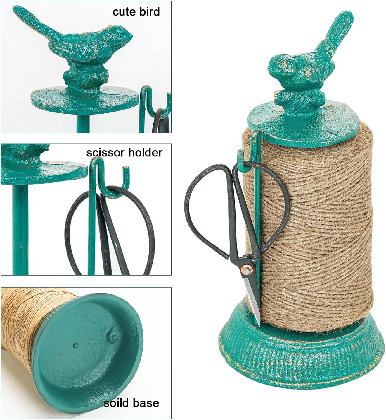 Sungmor Cast Iron Garden Twine Holder Set - 1300ft. Natural Jute Twine String & Rope Rack & Scissors - Decorative & Practical Home Arts Crafts Tools for Picture Display Gift Wrapping Packing Gardening-VerdiqueGarden