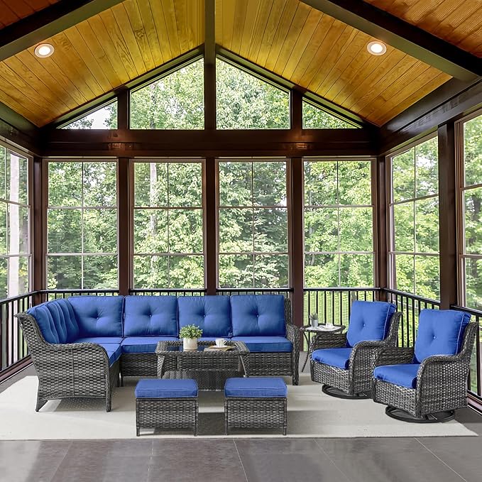 Outdoor Furniture Sectional Sofa L Shaped Couch - Patio Wicker Set with 2 Swivel Glider Chairs, 8 Piece Rattan Patio Conversation Sets with Blue Cushion for Deck Backyard Sunroom-VerdiqueGarden