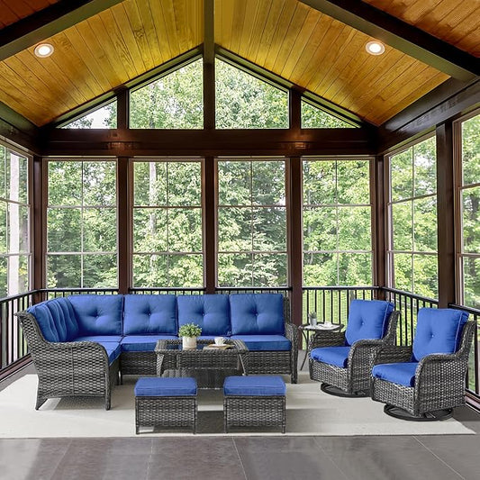 Outdoor Furniture Sectional Sofa L Shaped Couch - Patio Wicker Set with 2 Swivel Glider Chairs, 8 Piece Rattan Patio Conversation Sets with Blue Cushion for Deck Backyard Sunroom-VerdiqueGarden