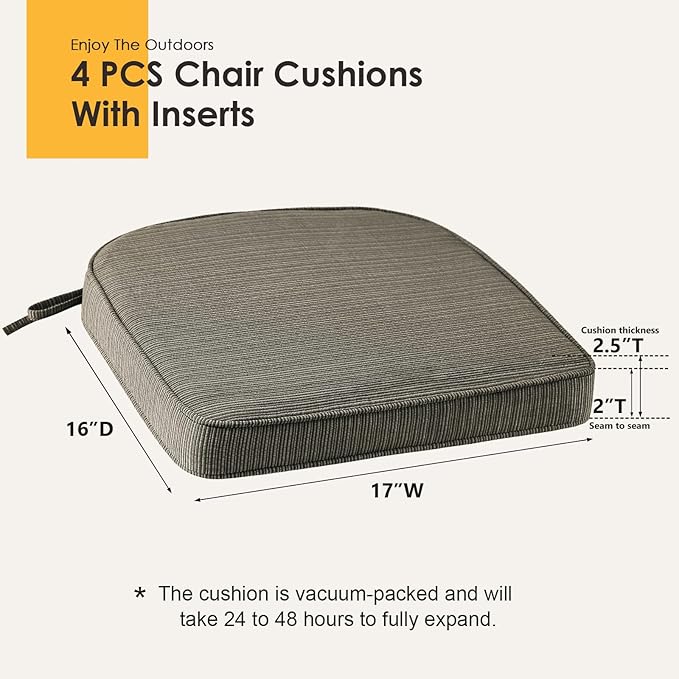 Outdoor Outdoor Round Corner Seat Cushion, 17"x16"x2", Set of 4, Non Slip Seat Cushion Pads with Removable Cover for Patio Furniture, Garden Yard Lawn, Dark Black Tan Stripe-VerdiqueGarden