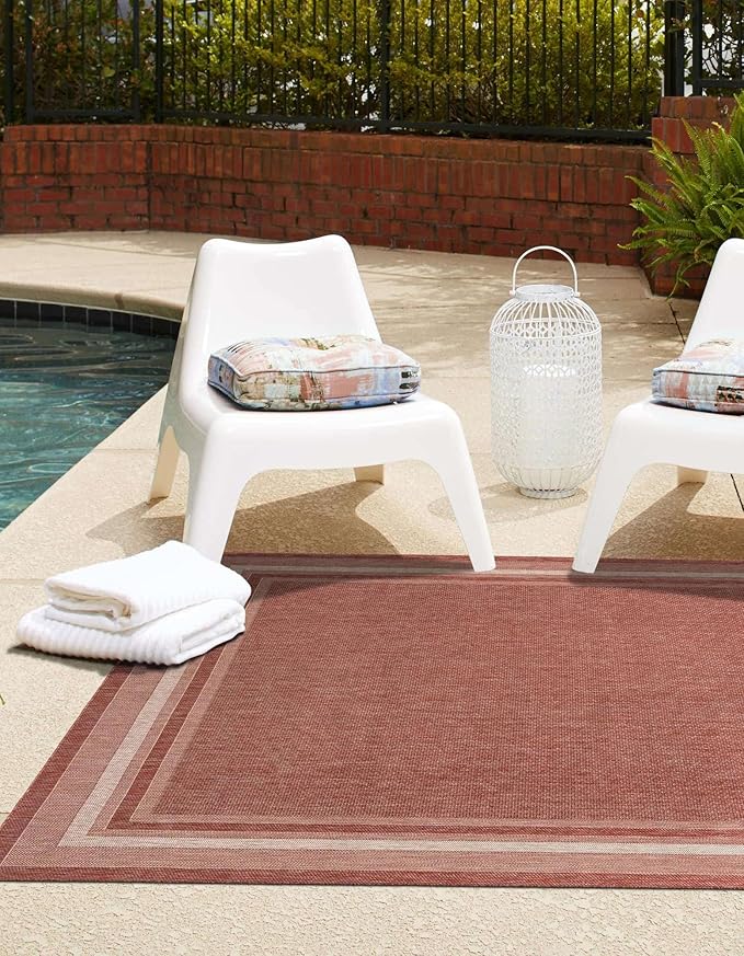 Unique Loom Outdoor Border Collection Area Rug - Soft Border (7' 10" Square Rust Red/Ivory)-VerdiqueGarden