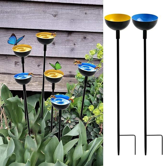 2 Pack Bee Cups For Garden, Bee Waterer And Butterfly Water Stations, Bee Water Catcher Cups For Thirsty Pollinators, Bee Bath, Colorful Metal Garden Sculpture Stakes Decor, Bee Houses For The Garden-VerdiqueGarden