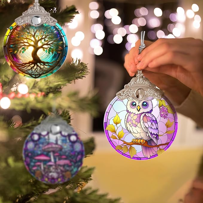 Stained Glass Suncatcher, Jocidea Owl Ornament, Christmas Ornaments, Holidays Ornaments, Christmas Tree Decor, Owl Decor for Home, Owl Gifts-VerdiqueGarden