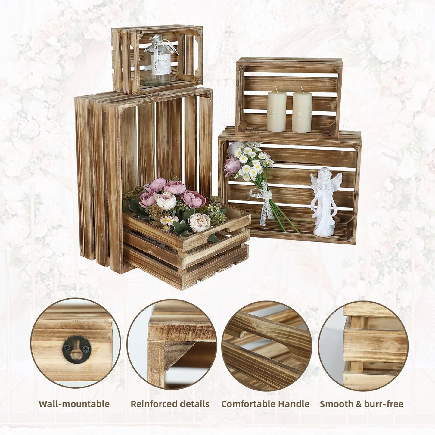 5-Piece Farmhouse Wooden Crate Set - Rustic Wooden Crates for Display and Storage, Large Torched Decorative Crates, Farmhouse Apple Crates, Painted Wood Crates for Decor-VerdiqueGarden