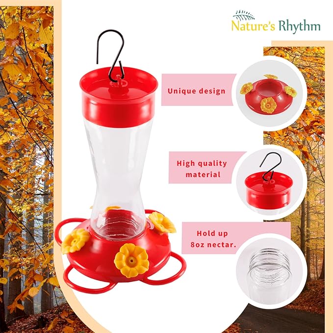 Nature's Rhythm Bird Feeder 4 bee Guard Plastic Yellow Flowers Feeding Port 8oz Glass Pinch Waist Hummingbird Feeder (2Pcs)-VerdiqueGarden