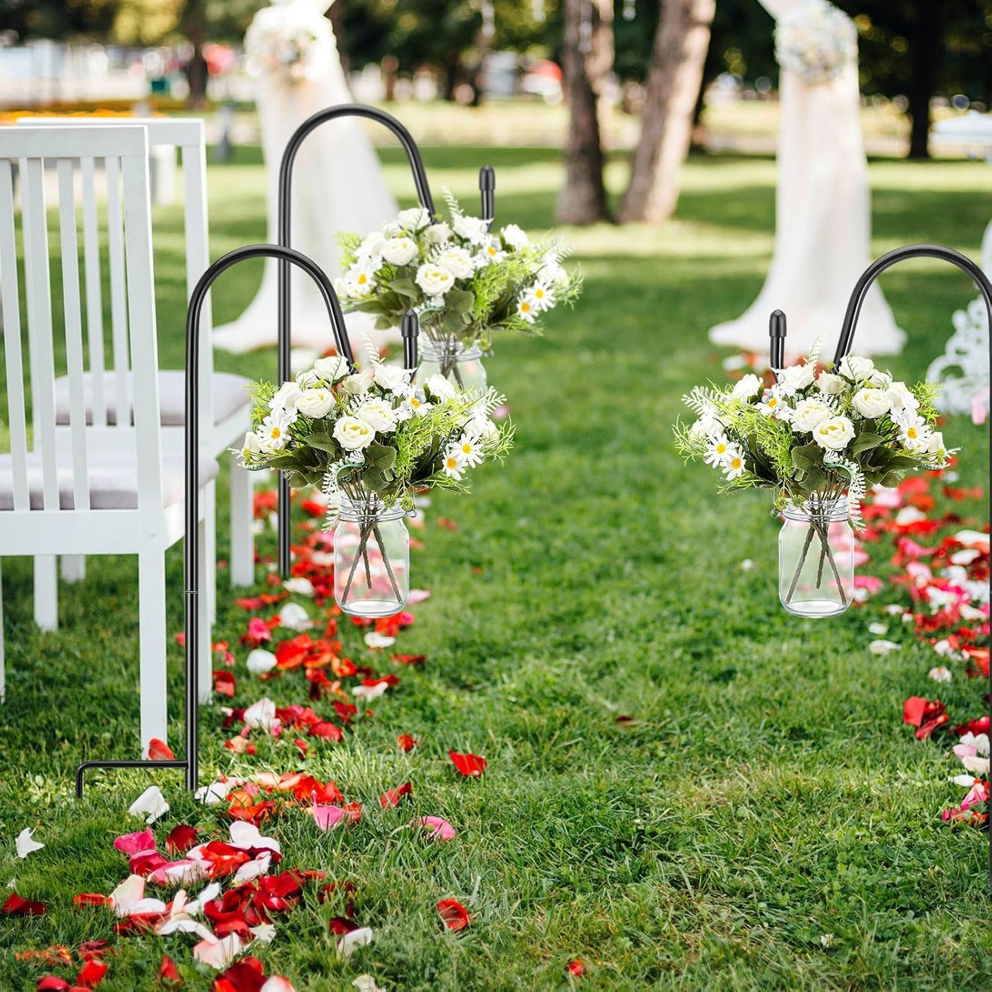 8 Sets Wedding Aisle Decoration Include 16 oz Rose Daisy Hanging Mason Jar 32" Shepherds Hooks Rustic Mason Jar with Faux Rose and Daisy for Outdoor Wedding Isle Ceremony Decorations-VerdiqueGarden