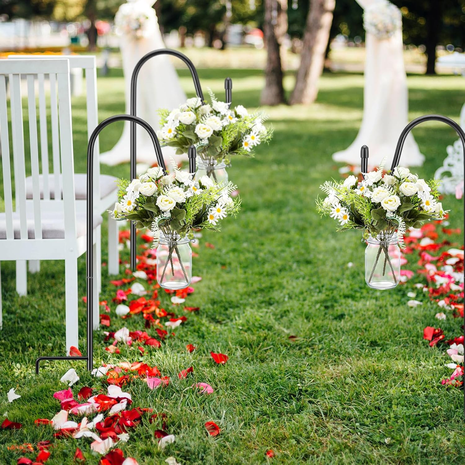 8 Sets Wedding Aisle Decoration Include 16 oz Rose Daisy Hanging Mason Jar 32" Shepherds Hooks Rustic Mason Jar with Faux Rose and Daisy for Outdoor Wedding Isle Ceremony Decorations-VerdiqueGarden