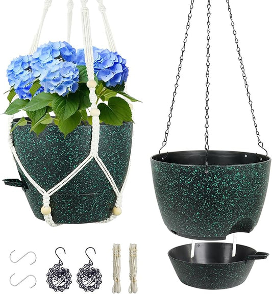 10 inch Self Watering Hanging Planters, 2 Pack Hanging Flower Pots for Indoor Outdoor Plants, Hanging Baskets with Drainage Holes & 2 Kinds of Plant Hangers for Home Decor, Speckled Black-VerdiqueGarden