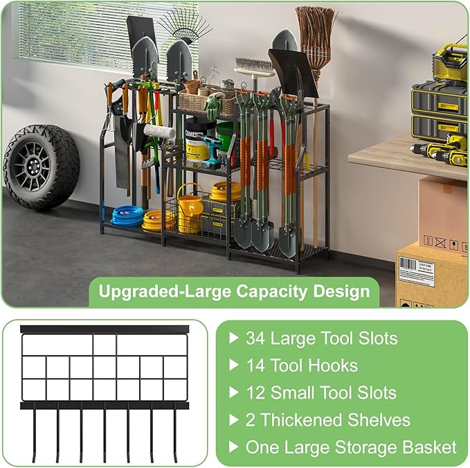 keomaisyto Garden Tool Organizer, Heavy Duty Yard Tool Tower Rack for Garage Organization and Storage, 3 Tier Utility Garden Tool Rack with hooks for Garden/Shed/Garage/Yard/Basement/Lawn-VerdiqueGarden