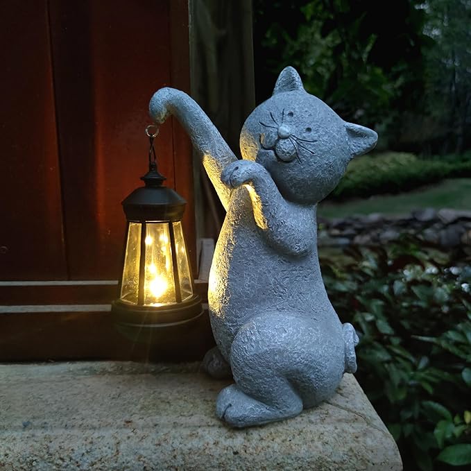 Cat Solar Garden Statues,Resin Cat Figurine Decorations with Solar Lights Lantern, Outdoor，Statue Decor Art for Lawn,Yard,Unique Housewarming Gift for Garden Home-VerdiqueGarden