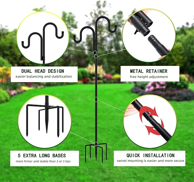 Double Shepherds Hooks for Outdoor, Bird Feeder Pole with 5 Prongs Base, Heavy Duty Garden Hook for Lantern, Wind Chime and Hummingbird Feeder, 76 Inch, 2 Pack-VerdiqueGarden