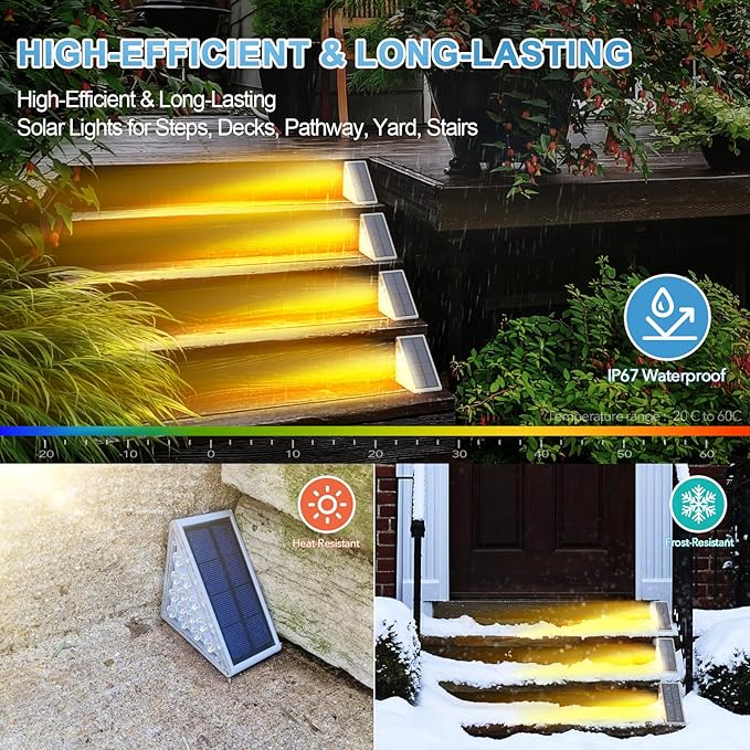 LED Solar Step Lights Waterproof Outdoor Stair Lights, Warm White Solar Deck & Pathway Lights IP67 for Yard, Patio, Garden, Front Door, Driveway, Porch 2PK-VerdiqueGarden
