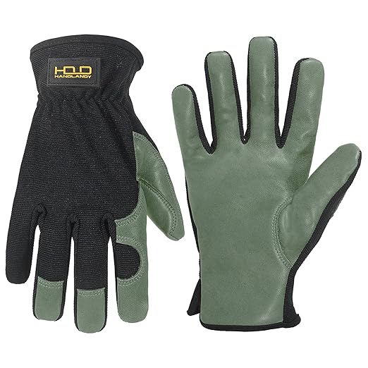 HLDD HANDLANDY Garden Gloves Men, Leather Utility Work Gloves for Gardening, Yardwork, Construction, Mechanics with Reinforced Palm, Green L-VerdiqueGarden