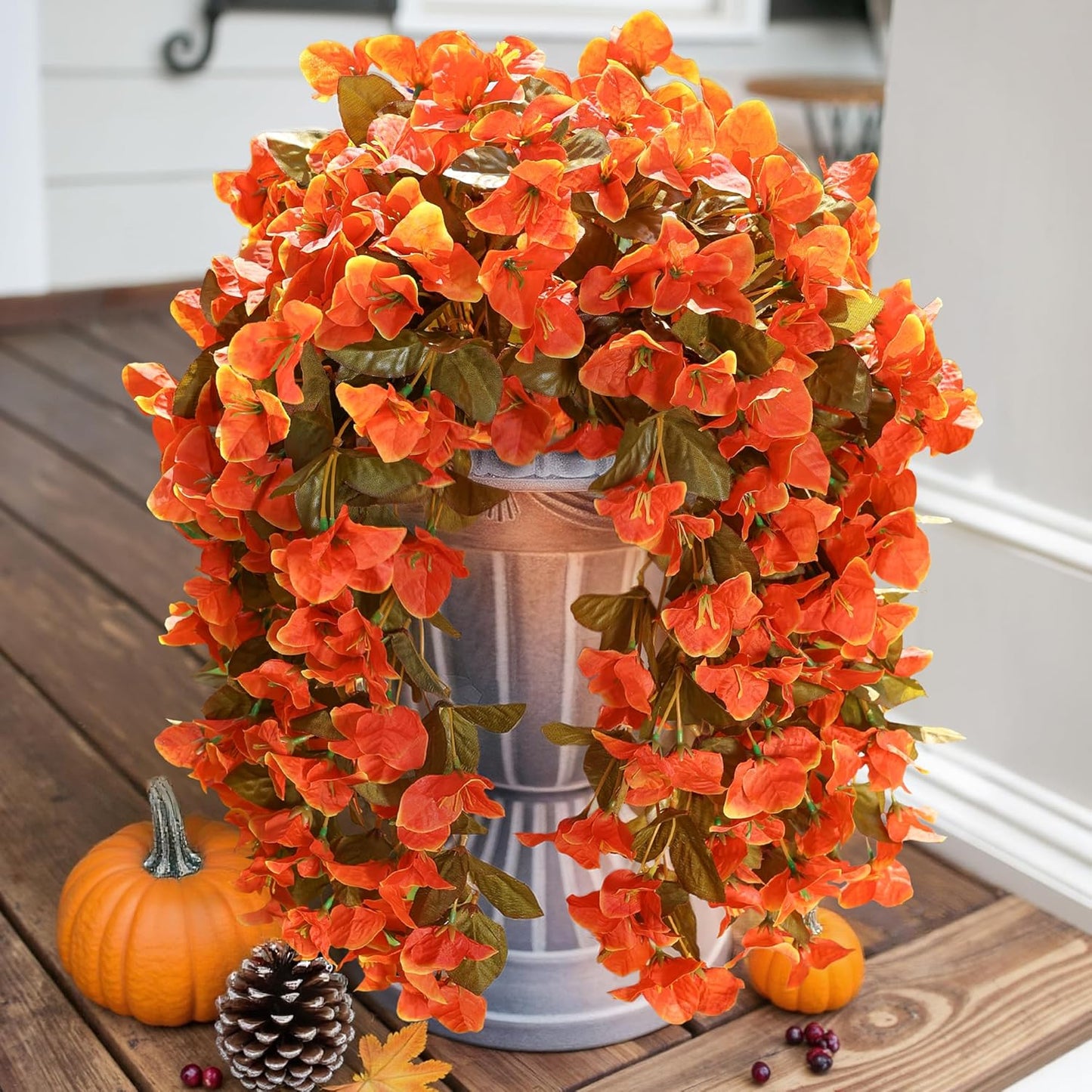 Bougainvillea Artificial Fall Hanging Flowers Plants for Outdoors Autumn Decoration, 2pcs Faux Bougainvillea Vines Orange Fake Flowers Realistic UV Resistant Silk Flowers for Outside Planter Yard Home-VerdiqueGarden