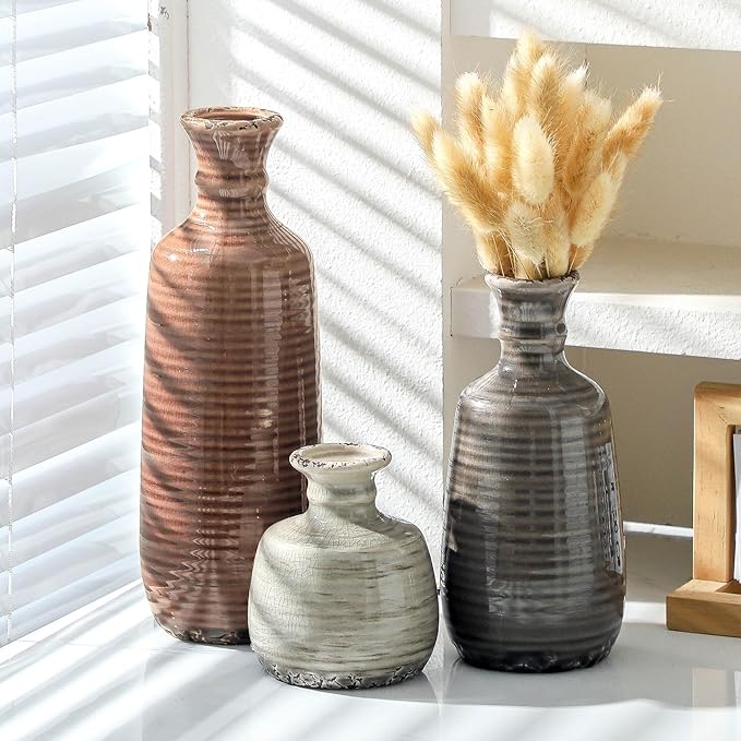 Ceramic Vases Set of 3, Neutral Rustic Farmhouse Vases Home Decor Decorative Flower Vase Modern Boho Pampass Vase for Table Mantel Entryway Shelf Living Room Kitchen Bathroom - Brown-VerdiqueGarden