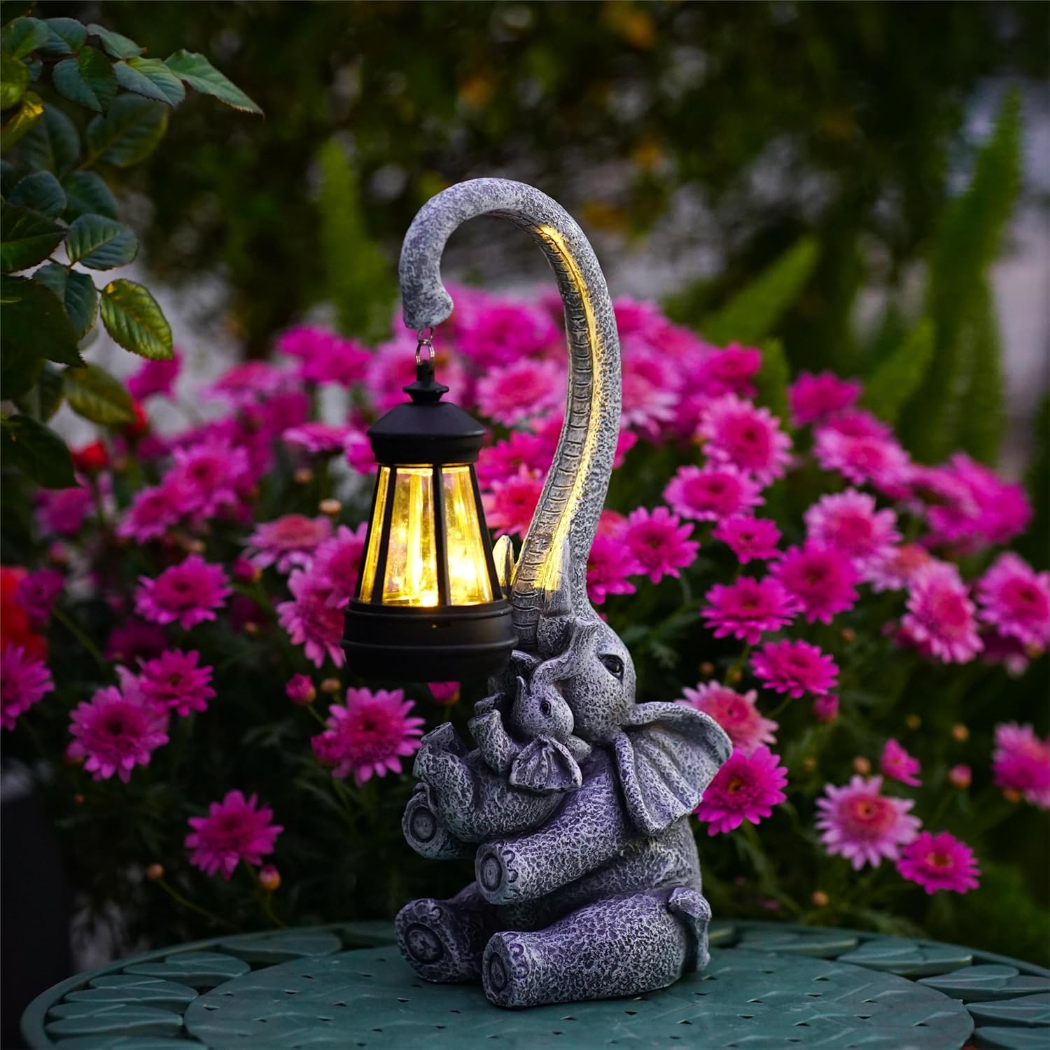 Elephant Outdoor Statues with Cute Baby Garden Decor, Resin Elephant Figurines with Solar Lantern Outdoor Decoration Gifts for Mothers Day, Birthday Day-VerdiqueGarden