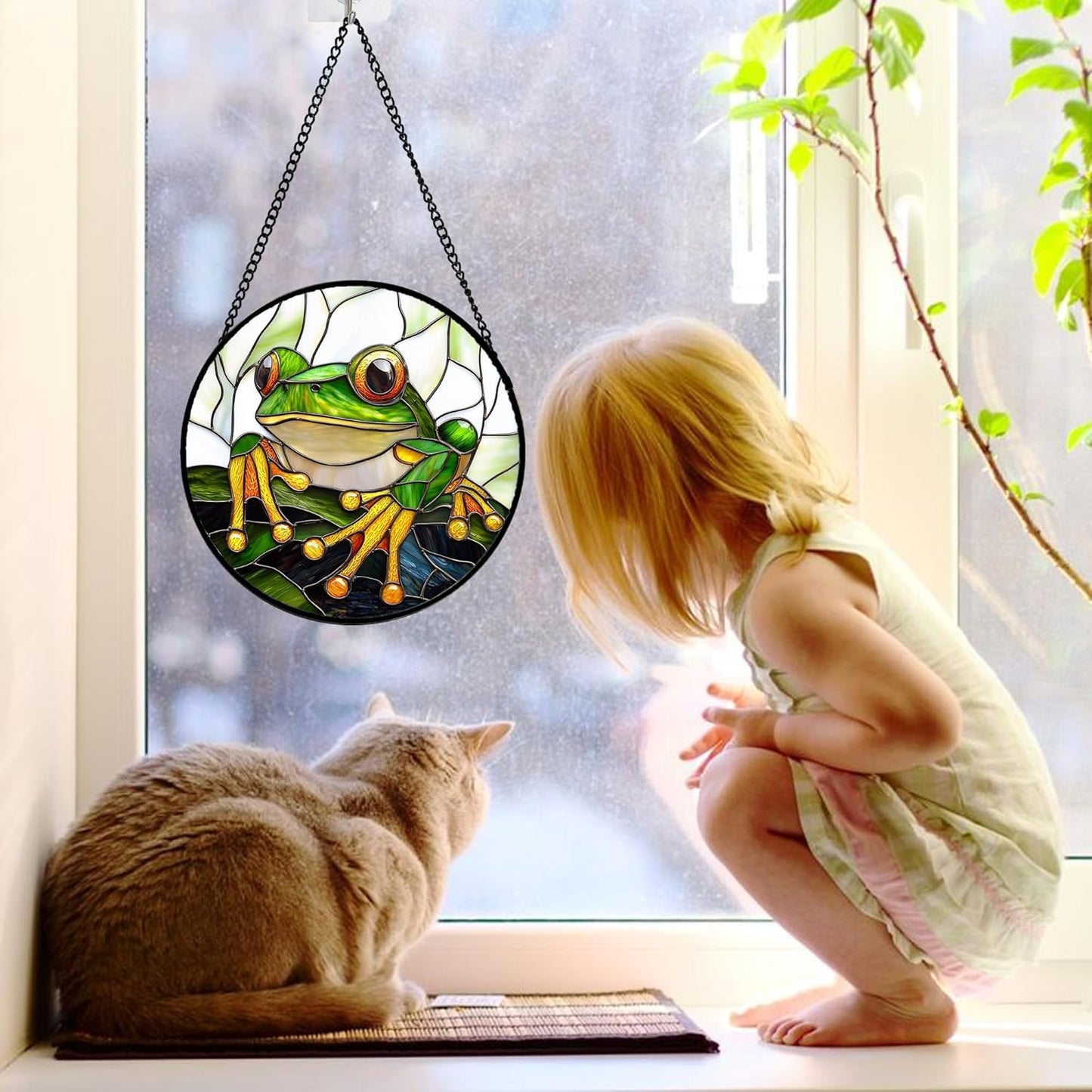Stained Glass Window Hanging, Green Frog White Petals Sun Catchers Colorful Glass Panel Cute Suncatcher Decor for Birthday for Women, Men, Wife, Aunt, and Mom 7.8 in-VerdiqueGarden