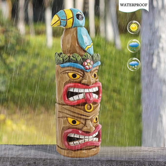 Tiki Totem Pole-Solar Tiki Statue Head Decor - 12.32 inch Tall Tiki Decorations for Tiki Bar Outdoor Patio Balcony Yard Backyard-VerdiqueGarden