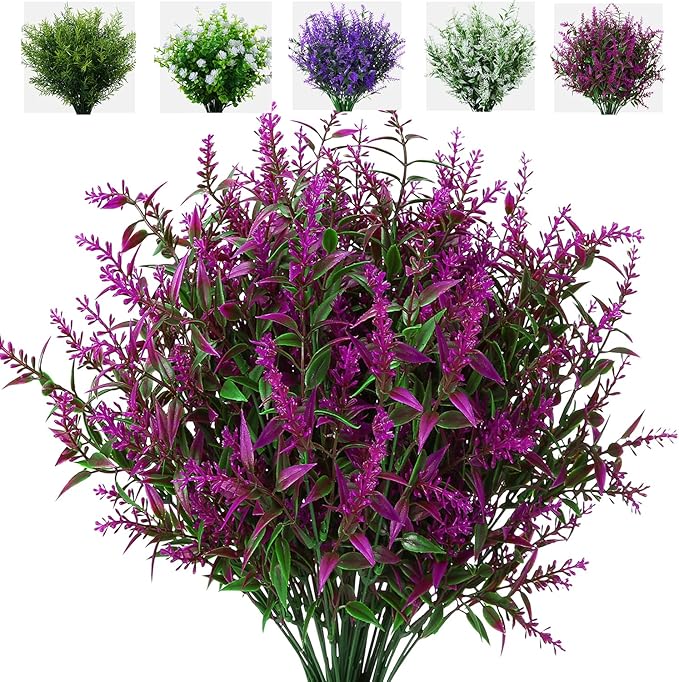 8 Pack Artificial Plants Flowers Grass Shrubs Lavender No Fade Faux Plastic Flowers Outdoor for Farmhouse Garden Porch Patio Indoor Wedding Decoration Greenery Fake Plants uv Resistant-VerdiqueGarden