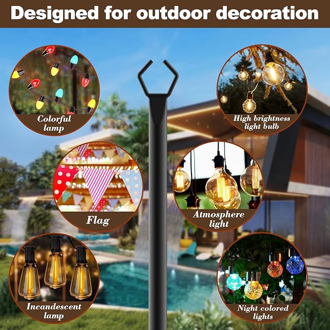 10Ft String Light Poles 4 Pack,Light Poles for Outside Lights,Outdoor with Fence Brackets Hanging Lights,Metal Stand Deck Patio Backyard-VerdiqueGarden