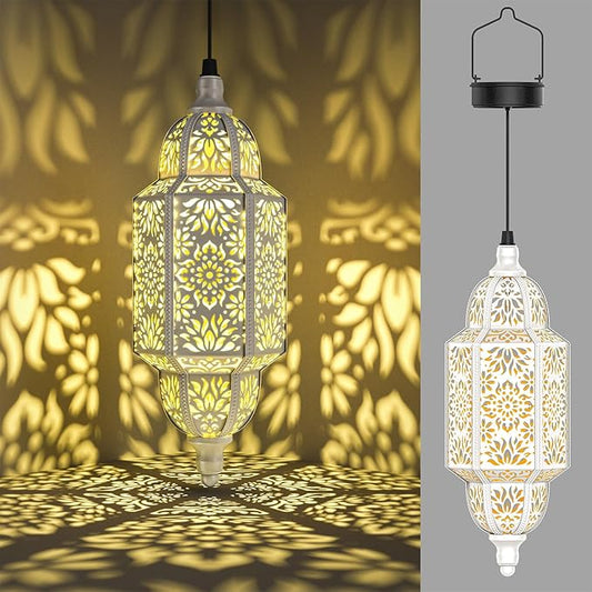 Twinkya Hanging Solar Lights Outdoor Garden Decorative Solar Lantern Waterproof Metal Moroccan Outdoor Decorations for Patio Pathway Yard Porch Backyard Garden Decor (White, 1 Pack)-VerdiqueGarden