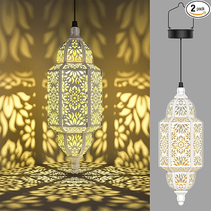 Twinkya 2 Pack Hanging Solar Lights Outdoor Garden Decorative Solar Lantern Waterproof Metal Moroccan Outdoor Decorations for Patio Pathway Yard Porch Backyard Garden Decor (White, 2 Pack)-VerdiqueGarden