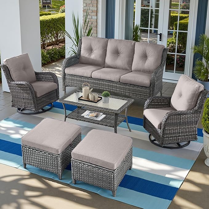 Outdoor Wicker Patio Furniture Set - 6 Piece Rattan Patio Conversation Set with 2 Rocking Swivel Chairs,2 Ottomans,1 Sofa and 1 Coffee Table for Porch Deck Backyard Garden(Mixed Grey/Grey)-VerdiqueGarden
