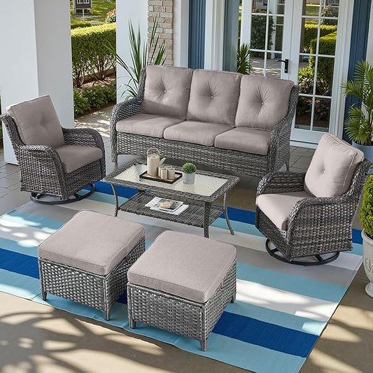 Outdoor Wicker Patio Furniture Set - 6 Piece Rattan Patio Conversation Set with 2 Rocking Swivel Chairs,2 Ottomans,1 Sofa and 1 Coffee Table for Porch Deck Backyard Garden(Mixed Grey/Grey)-VerdiqueGarden