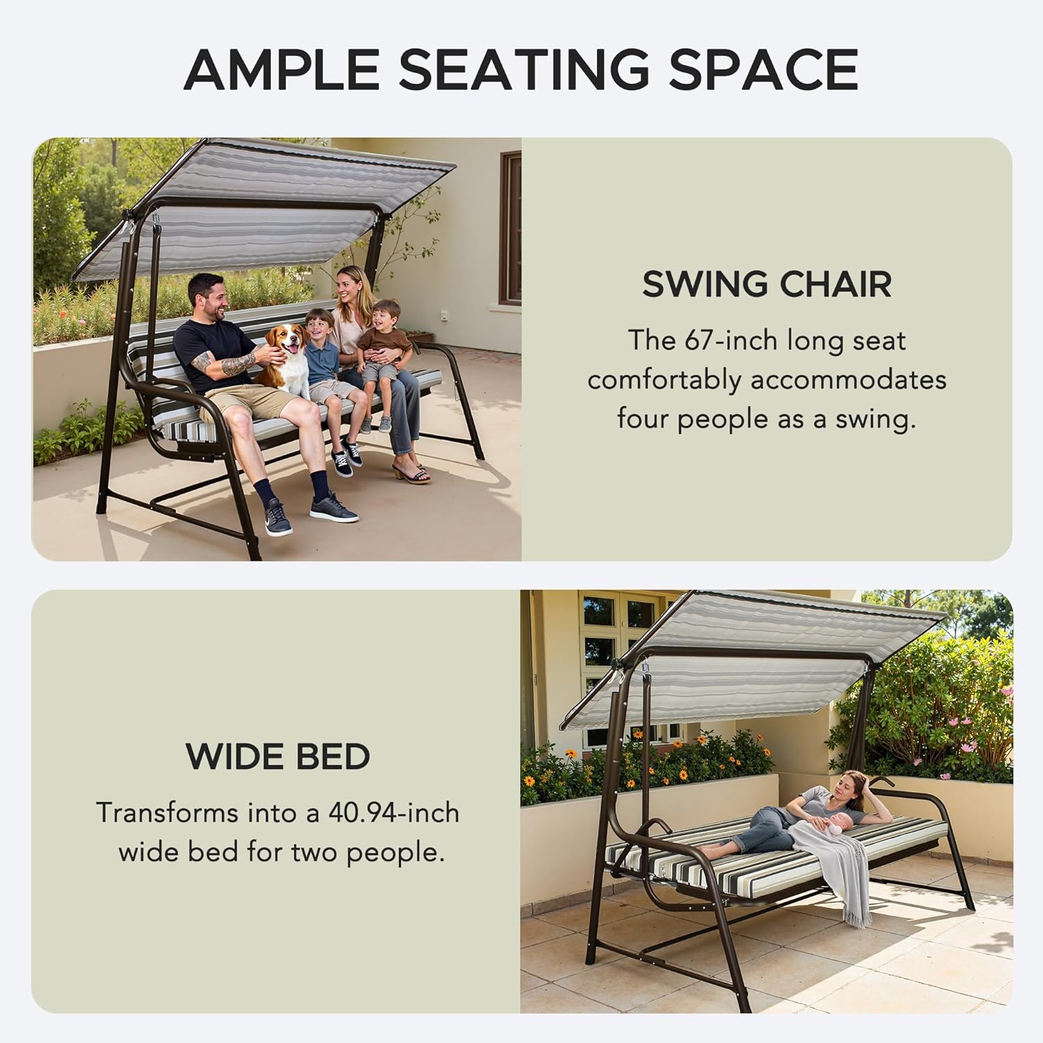 SUNJOY 3-4 Seat Luxury Outdoor Porch Swing, Steel Patio Swing with Elastic Metal Mesh Seat, Convertible Design, Cushion and Adjustable Canopy for Garden, Poolside, Backyard, Bronze - Made in Italy-VerdiqueGarden