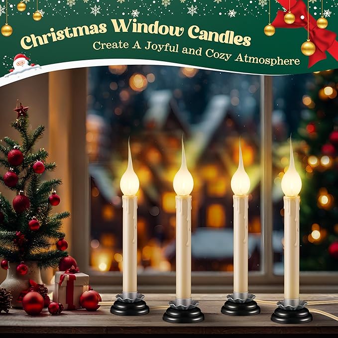 Enhon 4 Pack Rustic Country Candle Lights with Replacement Silicone Bulb, C7 0.6W Electric LED Christmas Window Candles Plug in, UL Certification Warm White Candlestick Lamp, 5 FT Cord, On/Off Switch-VerdiqueGarden