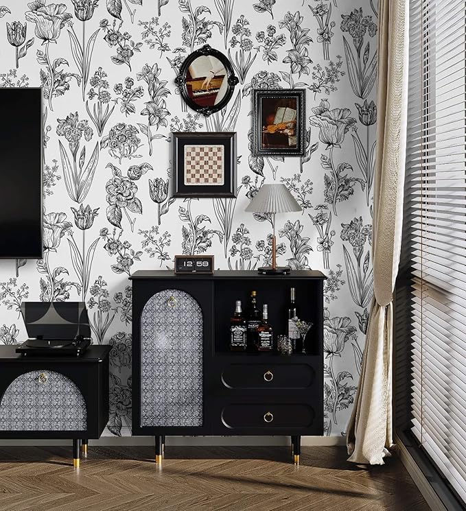 Dimoon 78.7"x17.3" Floral Peel and Stick Wallpaper White Contact Paper Waterproof Black Lines Wallpaper Vintage Flower Thicken Plant Self Adhesive Removable Wall Covering Shelf Liner Decal Vinyl Roll-VerdiqueGarden