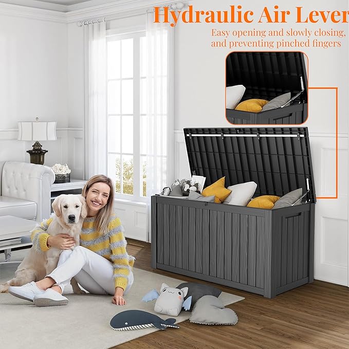 150 Gallon Deck Box,Resin Outdoor Storage Box with Lockable for Patio Furniture, Pool Accessories, Garden Tools Waterproof Outside Storage Box, Black-VerdiqueGarden