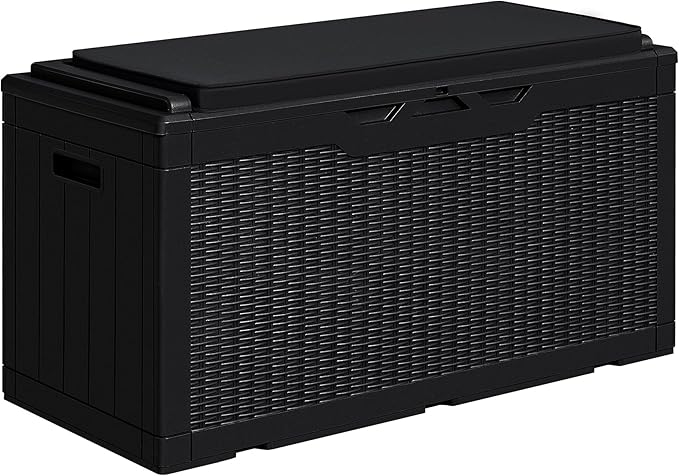 Greesum 100 Gallon Resin Deck Box Large Outdoor Storage with Cushions for Patio Furniture, Garden Tools, Pool Supplies, Weatherproof and UV Resistant, Lockable, Black-VerdiqueGarden