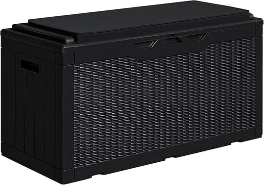 Greesum 100 Gallon Resin Deck Box Large Outdoor Storage with Cushions for Patio Furniture, Garden Tools, Pool Supplies, Weatherproof and UV Resistant, Lockable, Black-VerdiqueGarden
