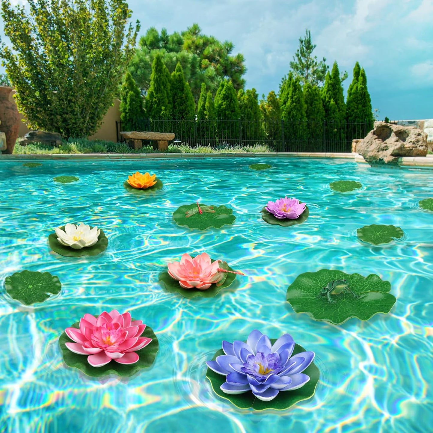 22 Pack Artificial Floating Foam Lotus Flowers with Artificial Frog Lotus Leaves, Lily Pads for Lake, Pond Plants Ornaments for Pool Water Decoration, Colorful-VerdiqueGarden