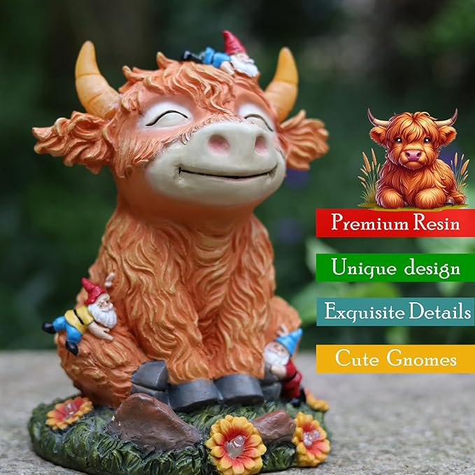 Solar Garden Statue Highland Cow Figurine with Funny Gnomes Garden Outdoor Decor for Yard Patio Lawn Christmas Housewarming Gifts for Women,Mom,Grandma-VerdiqueGarden