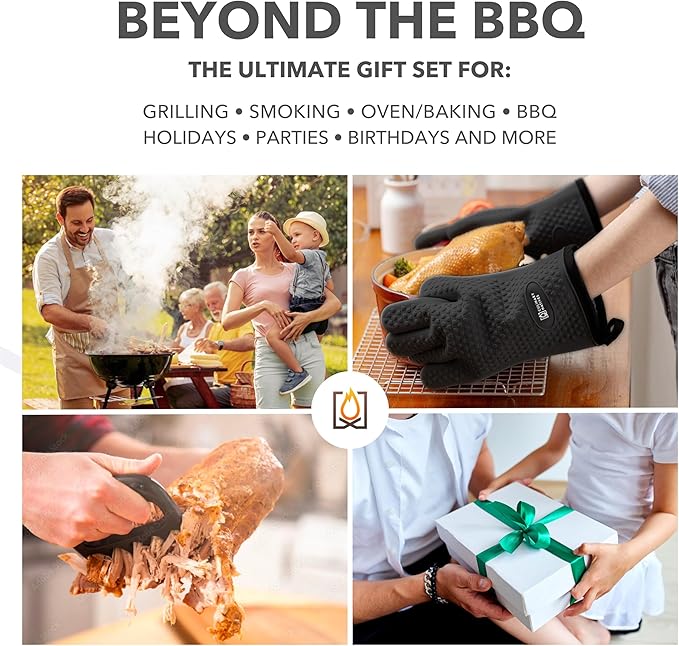 Meat Claws and Smoker Gloves | No.1 Heat Resistant BBQ Grill Gloves | Pulled Pork Claws | Thermometer | Silicone Oven Mitts & Razor-Edge Meat Shredders | Barbecue, Grilling, Smoking, Shredding (Black)-VerdiqueGarden