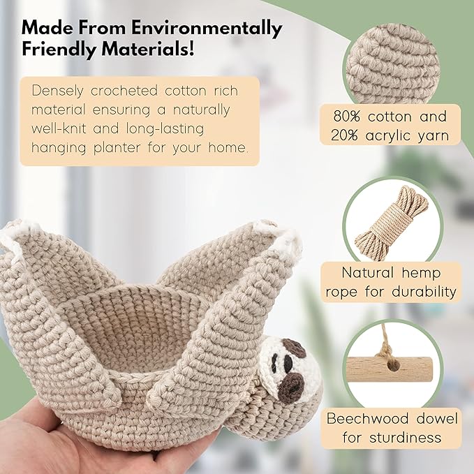 Home Decor Sloth Hanging Planters for Indoor Plants, Indoor/Outdoor Hanging Plant Holder, Plant Hanger Gift Idea for Sloth Lovers, Animal Wall Planter, 4 inch-VerdiqueGarden